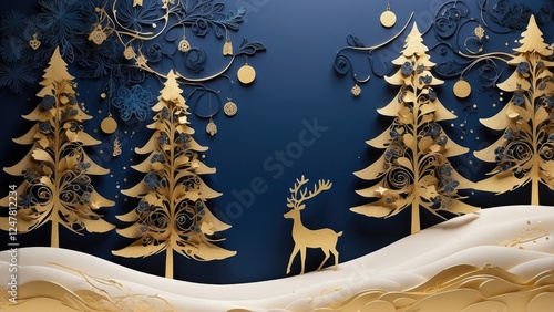 Golden 3D Christmas Scene with Tree and Deer, Perfect for Text Overlay