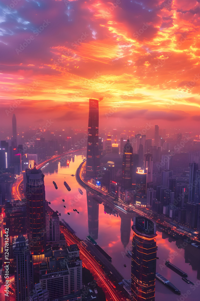 Fototapeta premium Dawn Break Over Gleaming Urban Landscape - A Twinkling Cityscape under Kaleidoscopical Sky