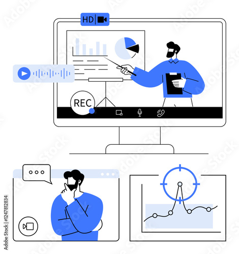 Presenter explains analytics on screen, voice recording, chatting, and tracking tools. Ideal for teaching, webinars, teamwork, video conferences, digital strategy remote work abstract line flat