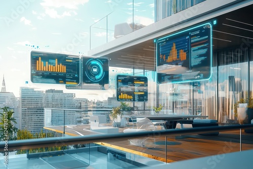 Global sales strategies are depicted on AI-powered floating dashboards on a futuristic terrace.