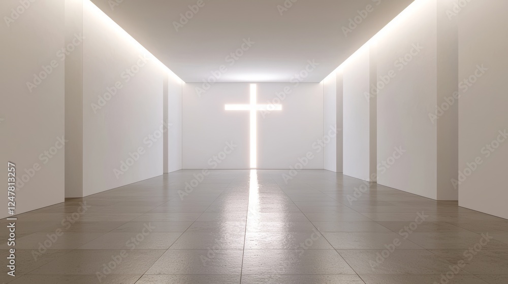 Fototapeta premium Contemporary Interior of Minimalistic Chapel with Illuminated Cross