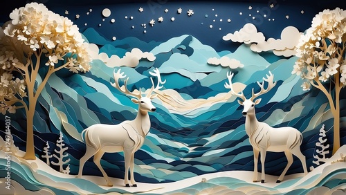 Layered Paper Art Winter Scene with Deer, Mountains, and a Starry Night Sky