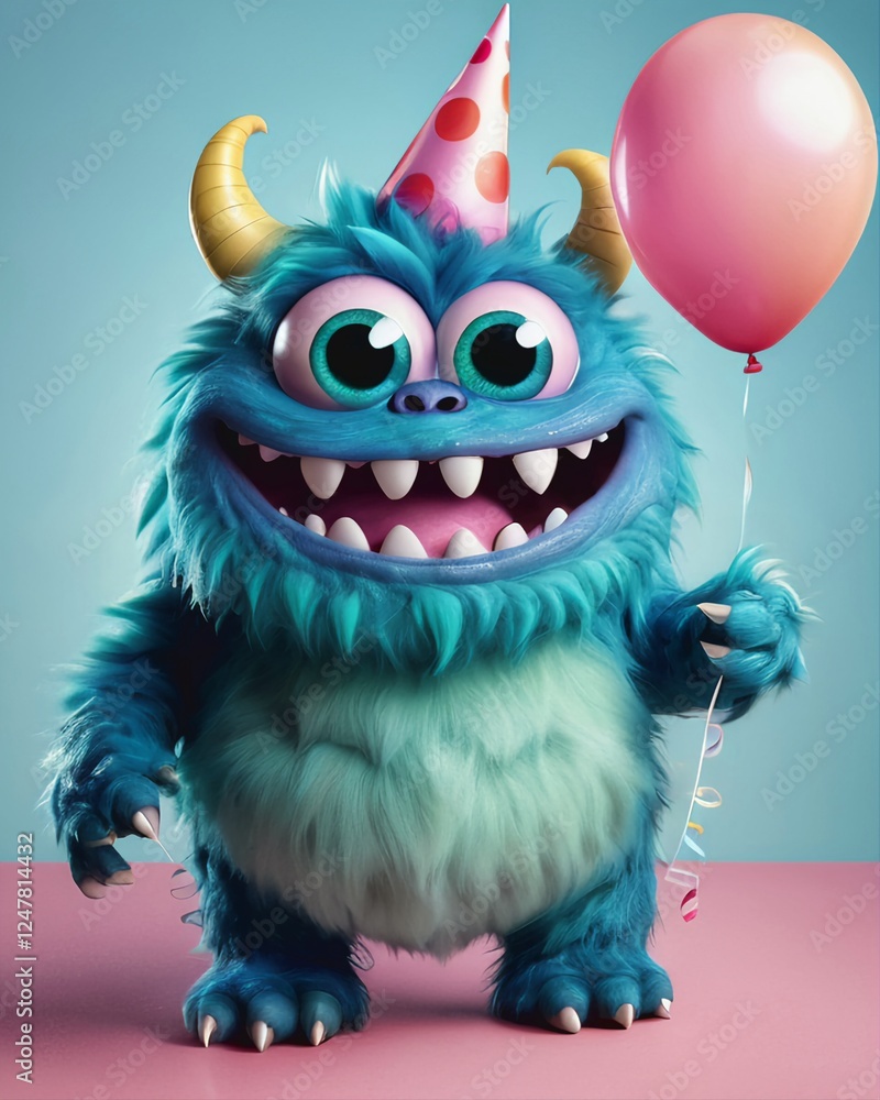 Little smiling blue monster with birthday balloon, digital art, 3D animation, celebration, design, illustration. Little smiling blue monster with birthday balloon, digital art, 3D animation, celebration, design, illustration.