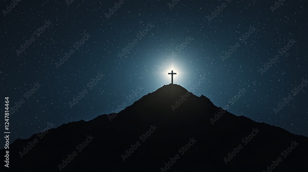 Dark Mountain Silhouette with Cross Against a Starry Night Sky Dark Mountain Silhouette with Cross Against a Starry Night Sky