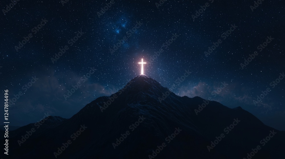 Dark Mountain Silhouette with Illuminated Cross Against Night Sky Dark Mountain Silhouette with Illuminated Cross Against Night Sky
