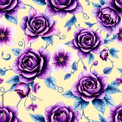 A stunning seamless wallpaper featuring intricate purple roses, orchids, and peonies entwined with vines. Soft gradient watercolor background with mesmerizing lens glow lighting.