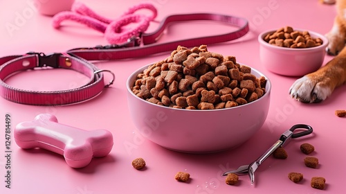 Pink Dog Food Bowl and Accessories