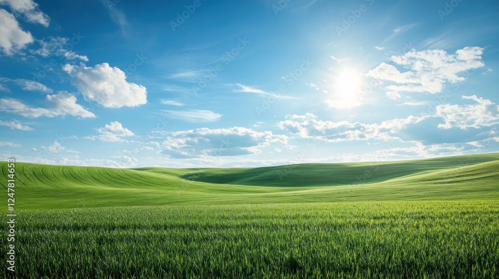 Rolling green hills under a vibrant sky. Vast field. Scenic landscape. Use for nature wallpaper Rolling green hills under a vibrant sky. Vast field. Scenic landscape. Use for nature wallpaper