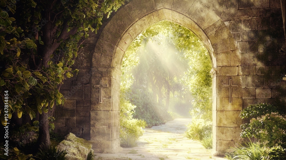 Fototapeta premium Serene Stone Archway Bathed in Gentle Light Surrounded by Nature