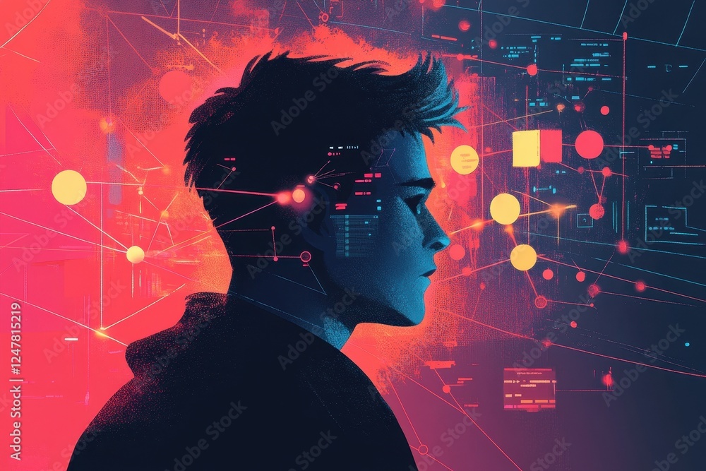 Young Man Connected To Digital Network Data Streams