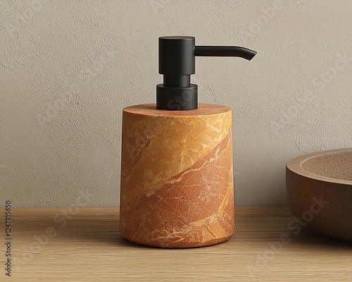 Modern stone soap dispenser on a wooden surface photo