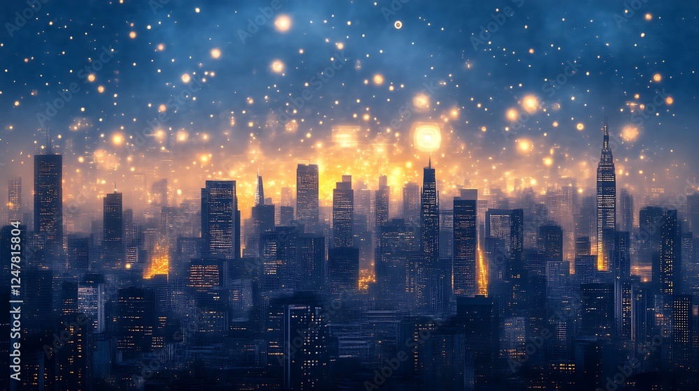 Illuminated Cityscape Under a Shower of Lights Illuminated Cityscape Under a Shower of Lights