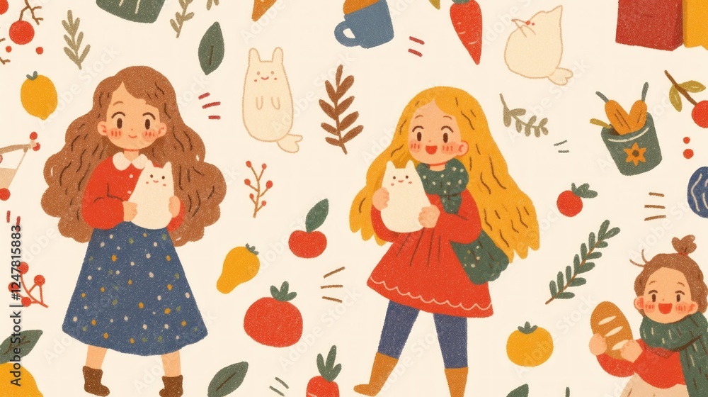 Charming Hand-Drawn Illustration Featuring Girls, Cats, and Autumnal Motifs