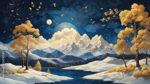 Golden Glow: 3D Modern Art Mural of Christmas Trees in Winter