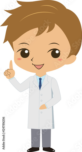 指差しをする白衣を着た男性、医者の
