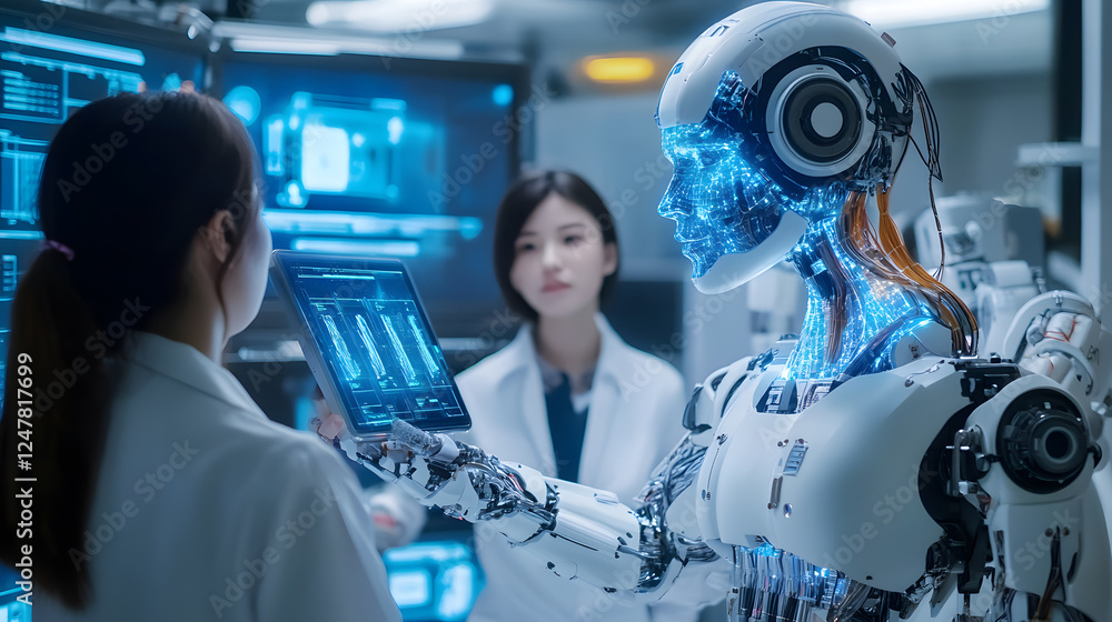 humanoid robot interacts with scientists in futuristic lab, showcasing advanced AI technology and digital interfaces. scene highlights innovation in robotics and artificial intelligence humanoid robot interacts with scientists in futuristic lab, showcasing advanced AI technology and digital interfaces. scene highlights innovation in robotics and artificial intelligence
