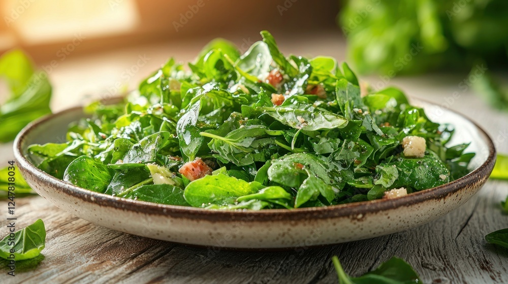 Fresh spinach salad, healthy meal, wooden table, kitchen setting, food photography Fresh spinach salad, healthy meal, wooden table, kitchen setting, food photography
