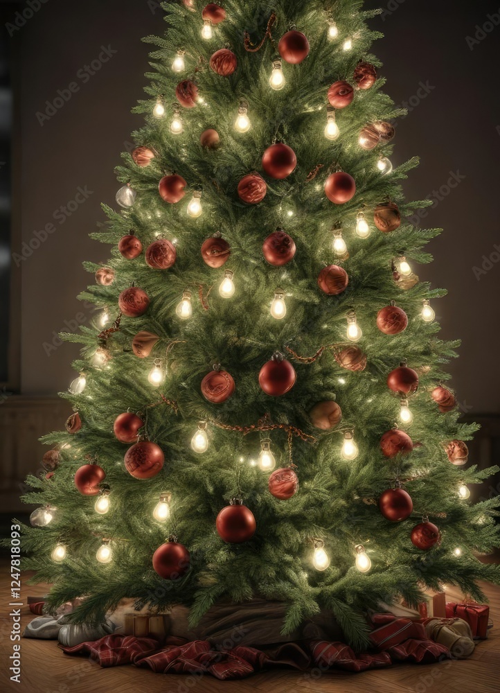 Fototapeta premium Detailed drawing of a Christmas tree with ornaments and lights, holiday, festive