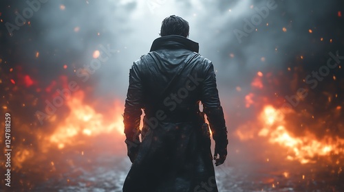 Lone Figure Stands Amidst Fiery Inferno