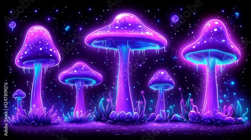 Enchanted Glowing Mushrooms Fantasy Night Forest Scene