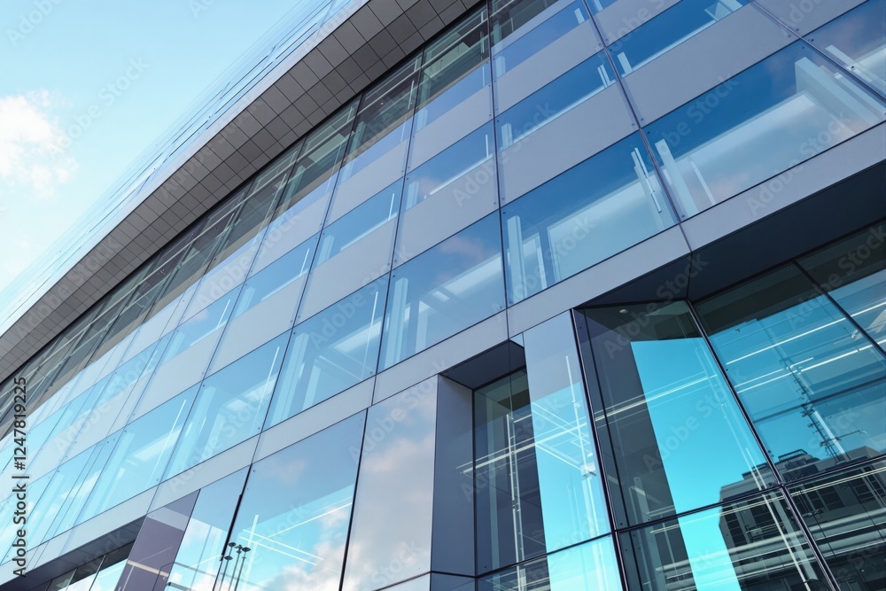 Contemporary glass office building with reflective windows capturing the blue sky, showcasing modern architecture and urban concept. Ai generative Contemporary glass office building with reflective windows capturing the blue sky, showcasing modern architecture and urban concept. Ai generative