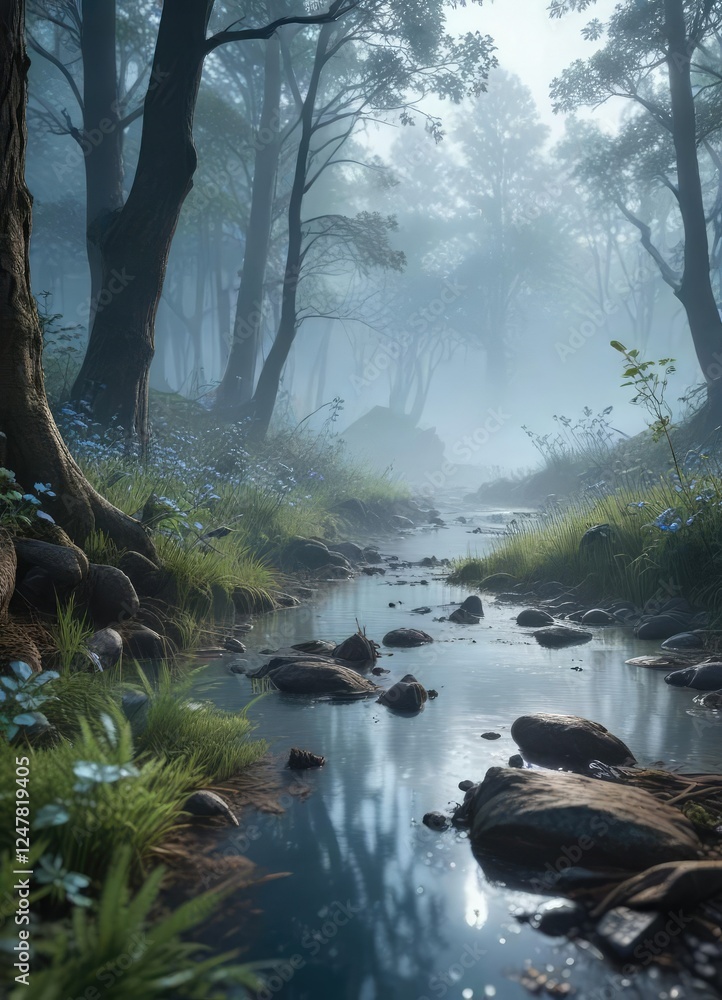 Dewy blue mist rising from a serene forest floor , calm, foliage, forest floor Dewy blue mist rising from a serene forest floor , calm, foliage, forest floor