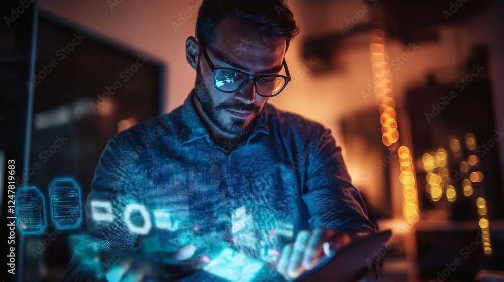 106.A man in a casual shirt and glasses, deeply focused as he organizes holographic digital files projected from a sleek tablet in a dimly lit, tech-forward workspace. 106.A man in a casual shirt and glasses, deeply focused as he organizes holographic digital files projected from a sleek tablet in a dimly lit, tech-forward workspace.