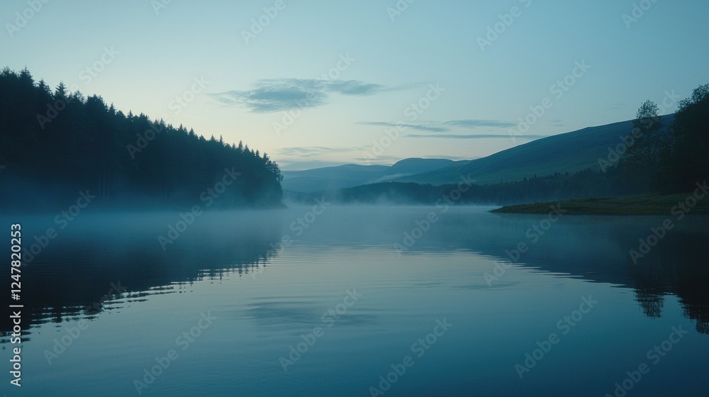 Serene misty lake at dawn, reflecting hills and trees. Serene misty lake at dawn, reflecting hills and trees.