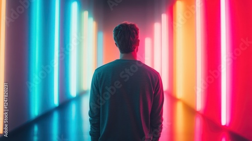 Neon Lights Corridor: A Man's Solitary Journey Through Vibrant Hues