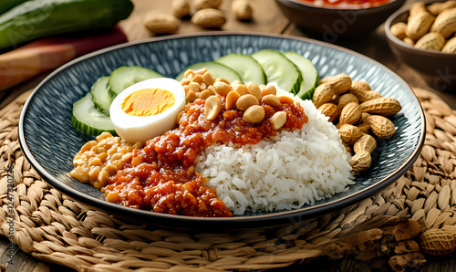 Traditional Plate of Nasi Lemak with Sambal, a Flavorful Malaysian Dish for Authentic Cuisine Lovers