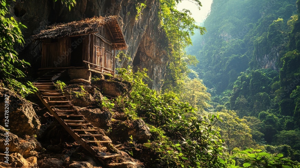 Rustic wooden hut perched on a cliffside in a lush green jungle valley. Rustic wooden hut perched on a cliffside in a lush green jungle valley.