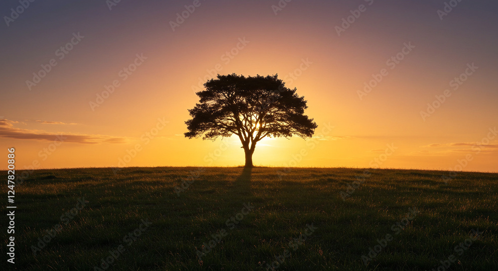 Lone Tree on Hilltop Bathed in Sunset Glow Lone Tree on Hilltop Bathed in Sunset Glow
