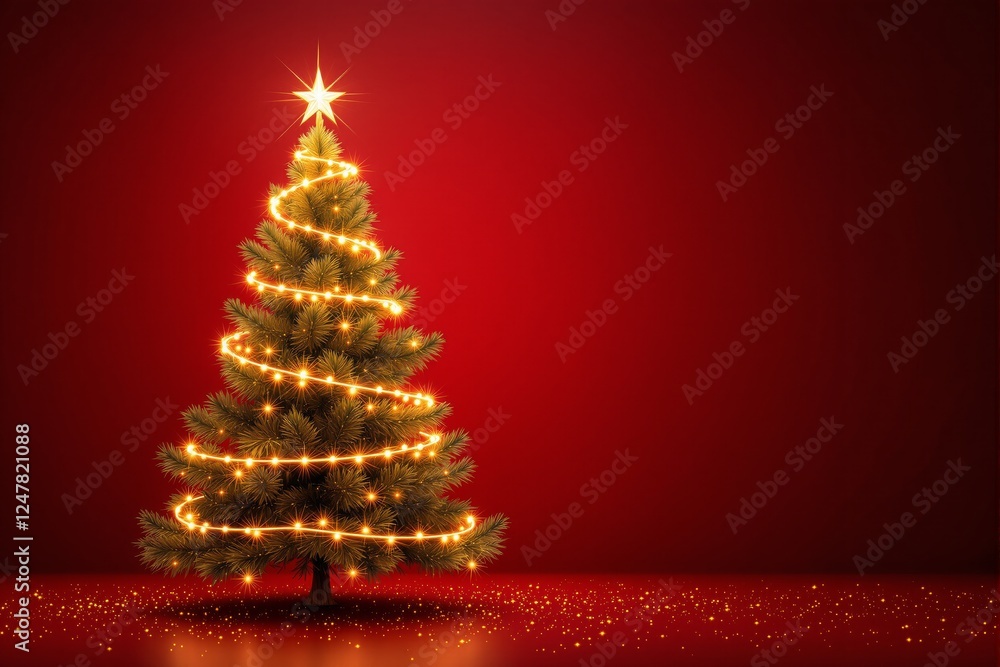 Festive Christmas tree decorated with glowing lights and a star topper, set against a red background with golden sparkles. Holiday celebration concept. Ai generative Festive Christmas tree decorated with glowing lights and a star topper, set against a red background with golden sparkles. Holiday celebration concept. Ai generative