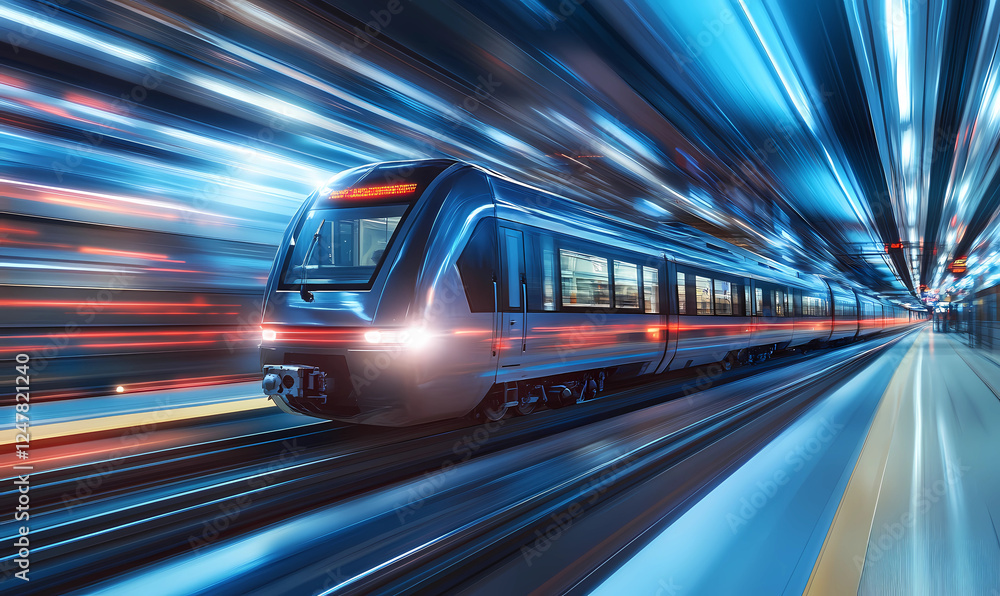 Train Departing a High-Tech Station, Symbolizing Modern Efficiency and Cutting-Edge Transportation Technology Train Departing a High-Tech Station, Symbolizing Modern Efficiency and Cutting-Edge Transportation Technology