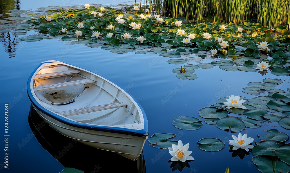 Φωτογραφία Pedal Boat on a Serene Lake, Isolated Among Blue Waters for a Peaceful Outdoor E