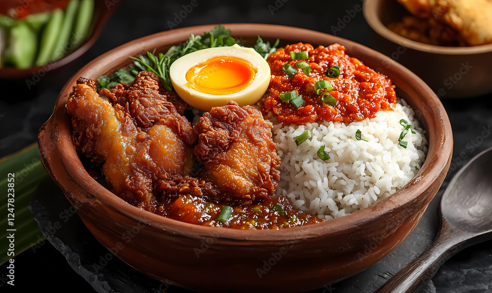 Nasi Lemak in a Traditional Clay Pot Adorned with Crispy Anchovies, Peanuts, and Cucumber for Flavorful Dining Nasi Lemak in a Traditional Clay Pot Adorned with Crispy Anchovies, Peanuts, and Cucumber for Flavorful Dining