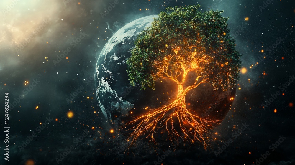 Fototapeta premium An otherworldly view of a glowing tree growing on a planet with stars and nebulae in the background