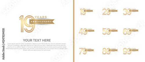 logo anniversary set. gold color with brown ribbon on white background for special event