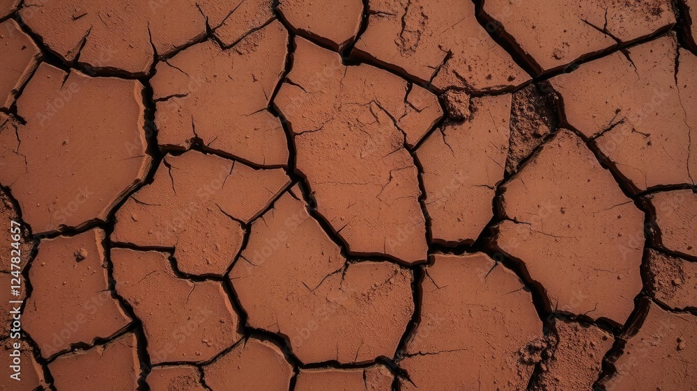 Dry and cracked terracotta surface with scattered dust and debris, cracks, beige Dry and cracked terracotta surface with scattered dust and debris, cracks, beige
