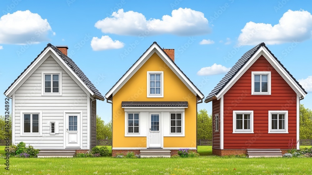 Dream Home Showcase Three Colorful Houses Suburban Idyll Perfect Real Estate Marketing Dream Home Showcase Three Colorful Houses Suburban Idyll Perfect Real Estate Marketing