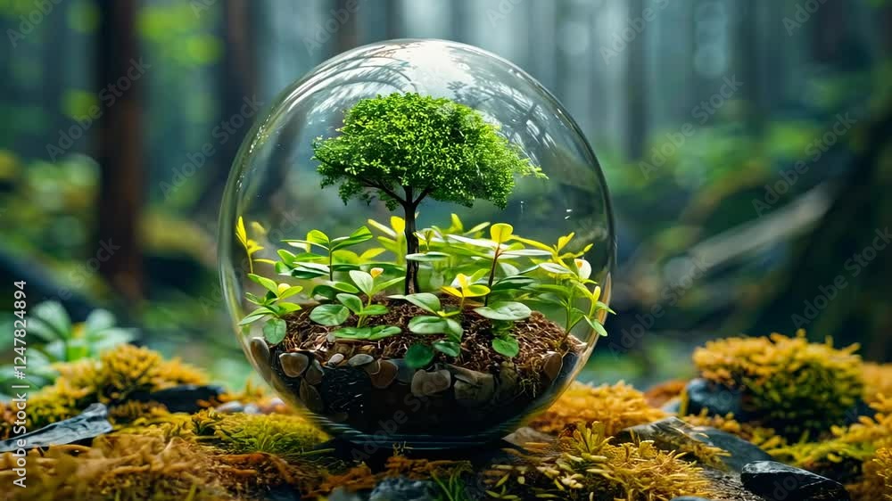 ガラスの球の中の緑の木々と植物7 ガラスの球の中の緑の木々と植物7