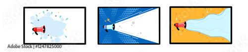 shouting megaphone vector Illustration on blue banner background, concept of join us, job vacancy and announcement in modern flat cartoon style design 