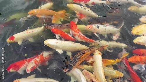 Colorful Fish Swimming In A Pond Water Feature with a School of Fish