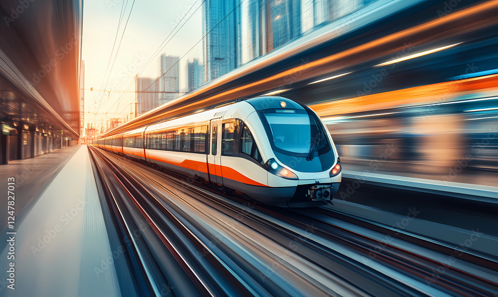 Train Departing a High-Tech Station, Symbolizing Modern Transport Systems and Technological Advancements Train Departing a High-Tech Station, Symbolizing Modern Transport Systems and Technological Advancements