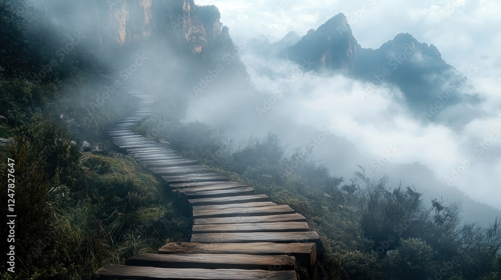 Fototapeta premium Misty mountain path winding upwards, clouds in background, journey concept