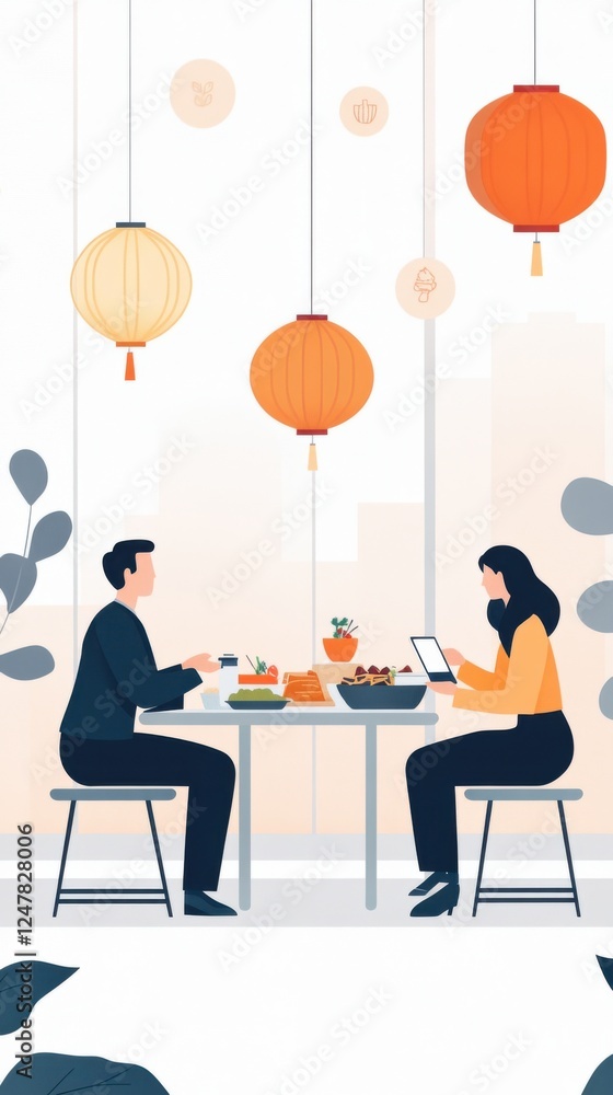 Fototapeta premium Cozy Asian Restaurant Setting with Diners Enjoying Traditional Cuisine and Contemporary Ambiance