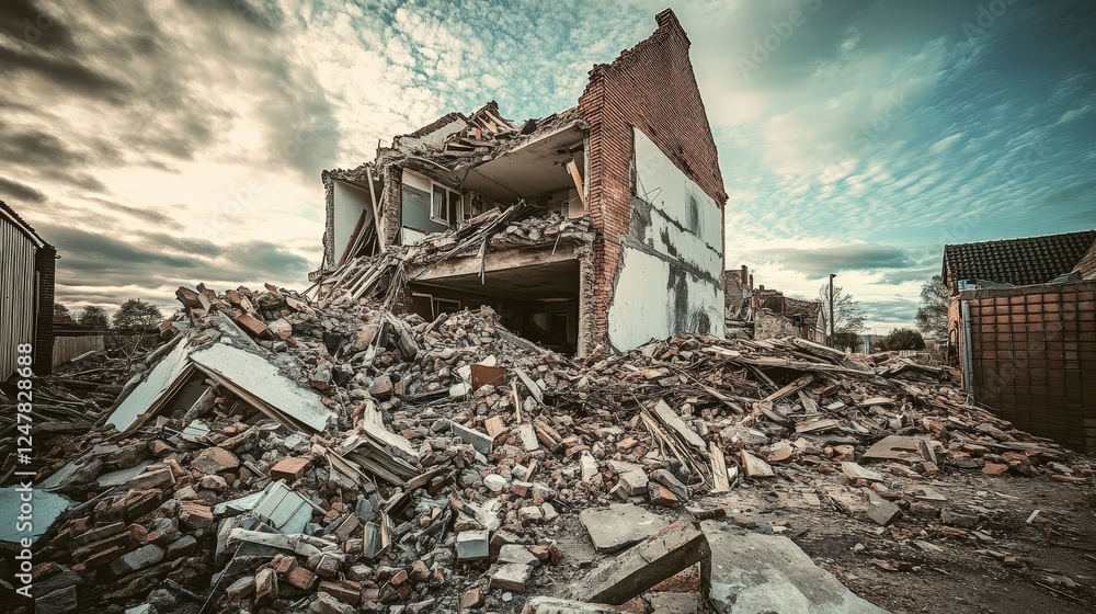 Abandoned Building After Destruction with Rubble in Urban Landscape Abandoned Building After Destruction with Rubble in Urban Landscape