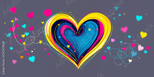 Happy Valentine's Day Banner. Holiday background design with big heart made of colorful, red and blue Origami hearts. Horizontal poster, flyer, greeting card, header for website