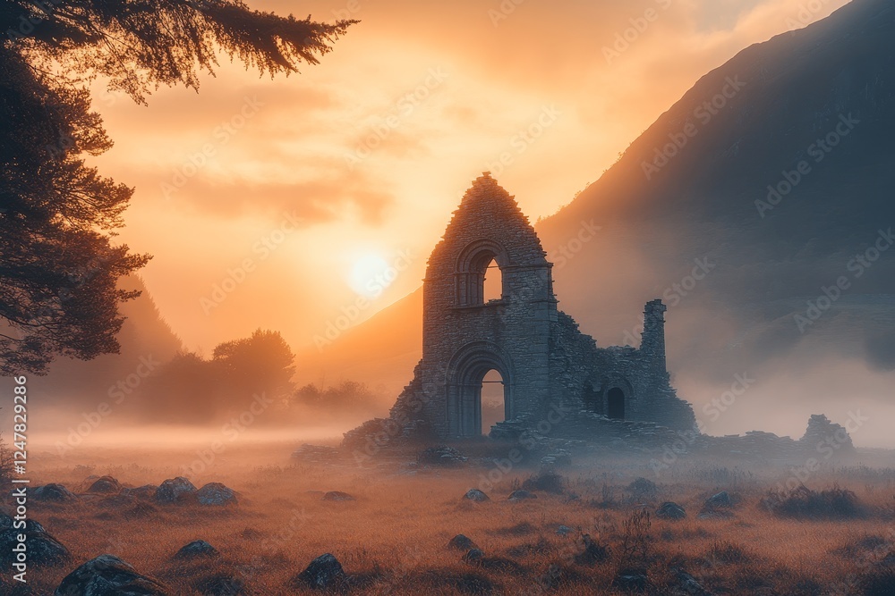 Obraz premium Sunrise over misty valley, ancient ruins