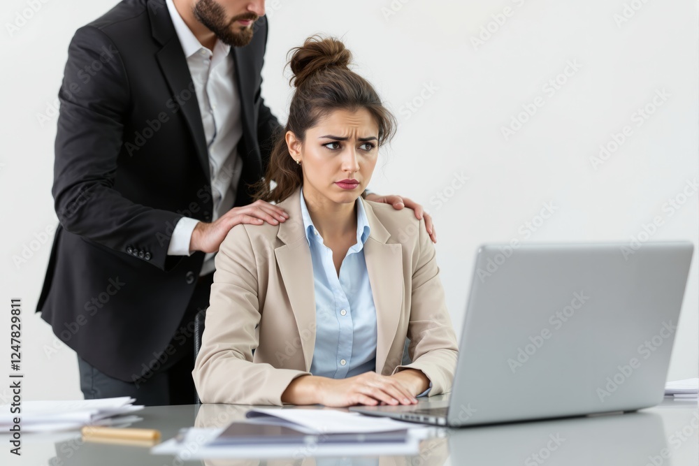 Woman at desk looking uncomfortable as male colleague places hands on her shoulders. Office setting, professional attire. Concept of workplace harassment. Ai generative Woman at desk looking uncomfortable as male colleague places hands on her shoulders. Office setting, professional attire. Concept of workplace harassment. Ai generative